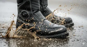 An action shot highlighting the reinforced stitching and durable material of heavy-duty motorcycle boots in wet conditions.
