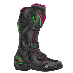 High-performance women's sport motorcycle boot with ankle and shin protection.