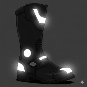 Women's motorcycle boot incorporating reflective panels for improved high visibility at night.