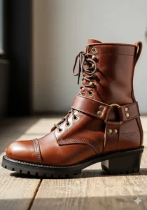 Vintage-style lace-up brown motorcycle boots featuring reinforced toe and heel cups.