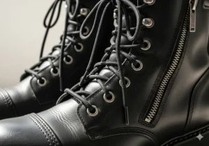 Image of the heavy-duty lacing system and side zipper closure on the lace-up steel toe motorcycle boots.
