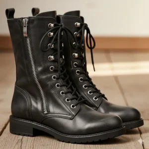Laced-up ladies biker boots with a side zipper for quick donning and doffing while maintaining a classic look.
