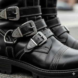 Close-up of the leather and buckle detail on a pair of high-quality women's biker boots.