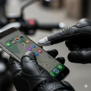 A close-up of a finger on a leather motorcycle glove with a special tip for touchscreen compatibility on a smartphone.