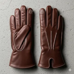 A pair of premium leather gauntlet gloves displayed on a flat surface, showing the stitching and overall craftsmanship.