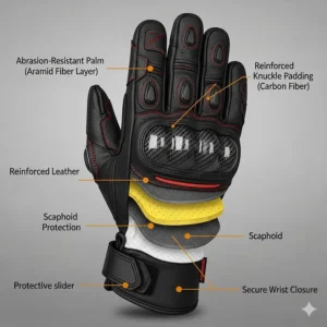 An illustration showing the protective features of leather motorcycle gloves, including abrasion resistance on the palms and reinforced padding on the knuckles.