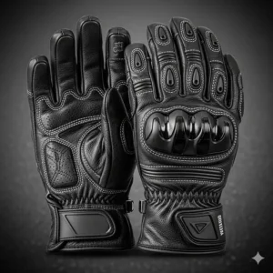 A high-quality image of leather waterproof motorcycle gloves, highlighting the stitched seams and protective knuckles.