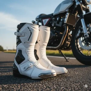 A pair of premium leather white motorcycle boots, emphasizing their durability and classic style.