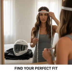 A woman measuring her head circumference to find the correct size for a ladies full face motorcycle helmet.
