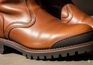 Close-up shot of men's brown leather riding boots with a durable rubber sole.