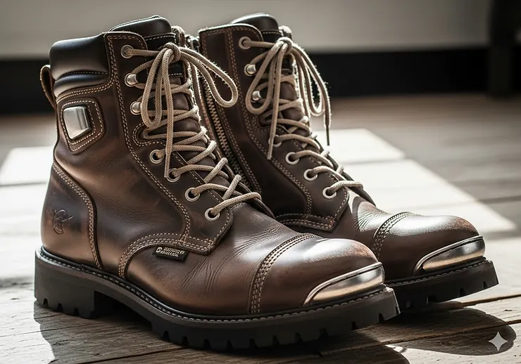 A stylish pair of high-cut men's leather motorcycle boots with a rugged look and certified steel toe.