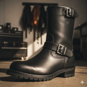 Close-up of men's durable black Milwaukee Leather engineer boots, highlighting the premium full-grain leather and oil-resistant outsole.