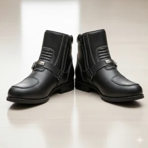 A stylish pair of men's short motorcycle boots, suitable for both riding and casual wear, highlighting their versatility.