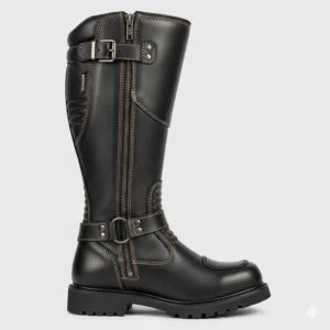 A full-length view of a men's motorcycle boot specifically made for wide calves.