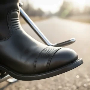 Image focusing on the integrated gear shift protection on the toe of a Milwaukee Leather motorcycle boot, essential for rider safety.