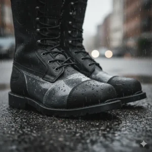 Detail shot showcasing the waterproof construction and protective toe of Milwaukee Leather boots, built for all-weather durability.