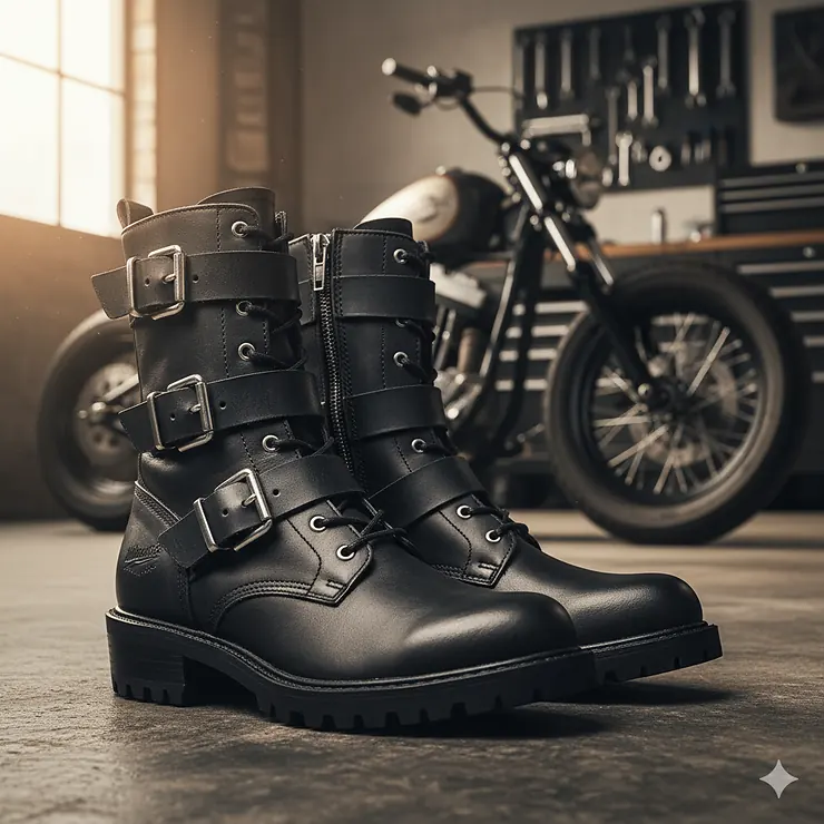 Tough combat-style Milwaukee Leather boots for women, featuring multiple buckle straps and a side zip for easy wear.