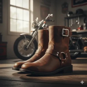 Rustic distressed brown Milwaukee Leather harness boots, a popular style that offers a classic biker look and comfortable fit.