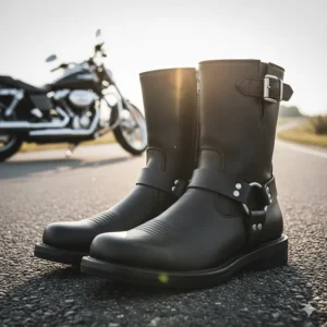 Classic black Milwaukee Leather harness boots for men, featuring a rugged square toe and side zipper entry, ideal for motorcycle riding.