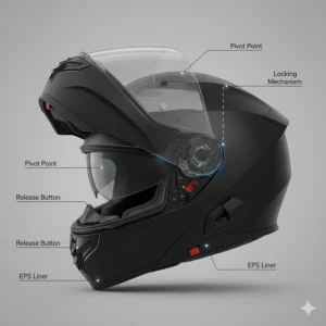 Diagram showing the secure and smooth pivot mechanism of the chin bar on a modular motorcycle helmet.