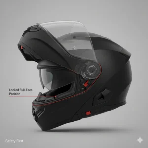 Safety first: A top-rated modular motorcycle helmet secured in the full-face configuration for maximum protection.