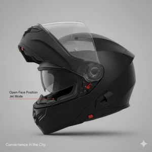 Convenience in the city: A silver modular motorcycle helmet with the front raised in the open-face or jet-style mode.