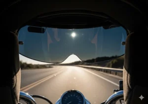 Image showing the tinted internal drop-down sun visor in use, a key feature of many modular motorcycle helmets for bright conditions.
