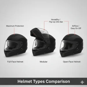 Comparison graphic illustrating the differences between modular motorcycle helmets, full-face, and open-face styles.