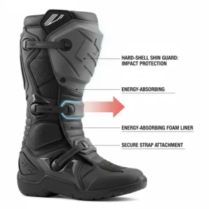 A diagram of a motocross boot highlighting the integrated shin guard. The image illustrates how the hard plastic plate protects the rider's shin bone from impacts, a key safety feature in high-speed riding.