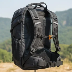 Side view showing the ergonomic, padded back panel and adjustable chest/waist straps of the motorcycle helmet backpack for comfortable riding.