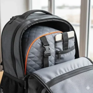 Interior view illustrating the dedicated padded helmet compartment inside the motorcycle helmet backpack.