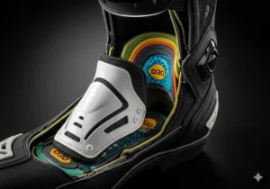 Diagram or photo highlighting the reinforced ankle protection and internal armor of a top-rated motorcycle boot.