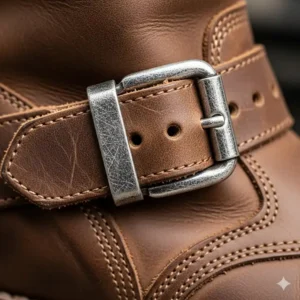 Detailed shot of the adjustable ankle buckle on a brown motorcycle boot.
