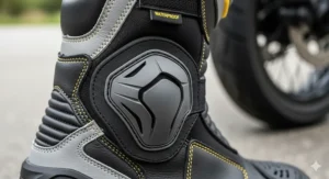 An image highlighting the reinforced ankle protection on a waterproof motorcycle boot, showing the integrated armor for impact resistance.