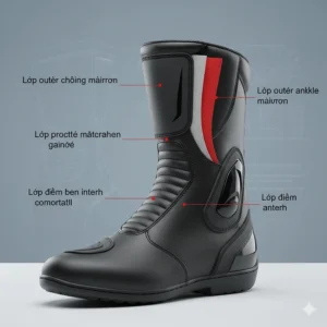 Detailed image highlighting the reinforced ankle protection on a pair of short motorcycle boots, emphasizing safety features for riders.