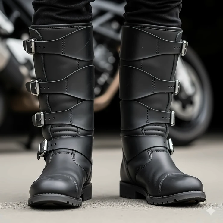 A close-up shot of a rider wearing black leather motorcycle boots designed for wide calves, showing the adjustable straps and a comfortable fit. motorcycle boots wide calf