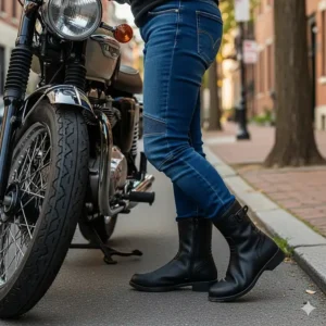 A person wearing short motorcycle boots paired with riding jeans, showing how they seamlessly integrate with everyday riding apparel.
