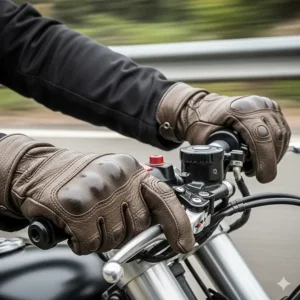 A dynamic shot of a motorcycle rider's hands on the throttle and brake levers, highlighting the dexterity and control offered by the gloves.