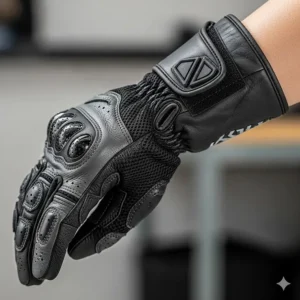 A side view of a gauntlet glove, pointing out the perforated leather and mesh panels that provide ventilation for rider comfort.