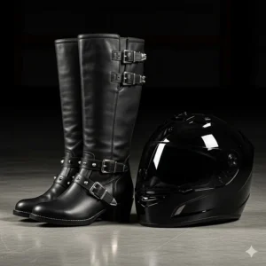 A stylish pair of motorcycle knee boots with heels placed next to a matching full-face motorcycle helmet.