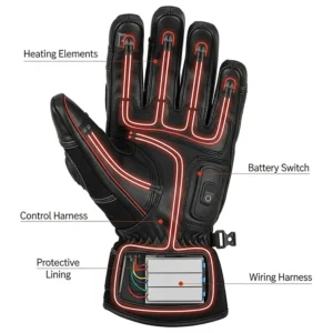 Diagram illustrating the internal heating elements and wiring within the heated motorcycle gloves.