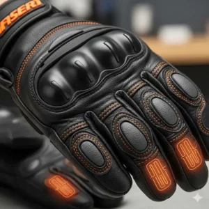 Highlighting the hard shell knuckle protection and reinforced palm on the heated motorcycle gloves for safety.
