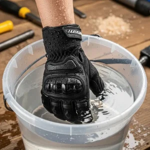 A hand wearing a waterproof motorcycle glove being submerged in a bucket of water to test its resistance.