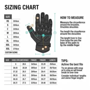 A sizing chart illustration to help riders determine the perfect fit for their motorcycle gloves.