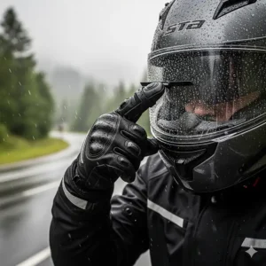 A rider using the built-in visor wiper on the index finger of their waterproof motorcycle glove to clear rain from their helmet shield.