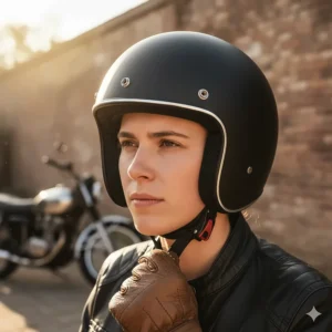 Image demonstrating the proper secure fit of a motorcycle half helmet for optimal comfort on long rides.