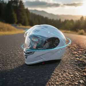 Image of a clear, anti-scratch visor on a motorcycle helmet, demonstrating the wide field of view and anti-fog technology.