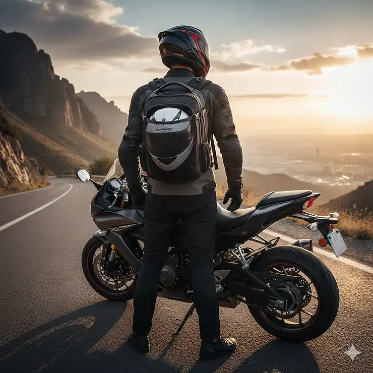 Motorcycle helmet backpack worn by a rider on a sports bike, showcasing its compact design and secure helmet carry system.