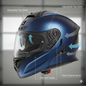 Close-up of the adjustable top and chin vents on a full-face motorcycle helmet for women.