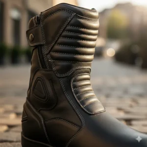 Close-up shot of the ankle area of a motorcycle street boot, showing reinforced padding and armor for protection.